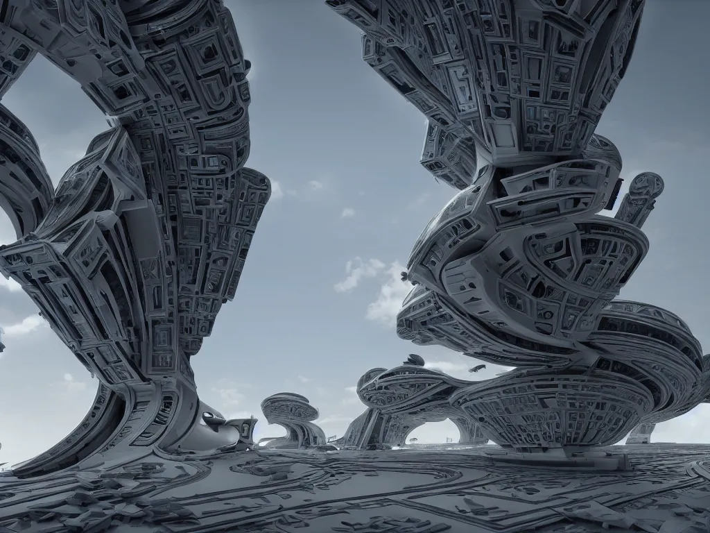 Image similar to an elaborate ornate spaceship, cinematic, shadows, partly cloudy day, 4 k, detailed, by zaha hadid and peter jackson and ridley scott and beeple and greg rutowski