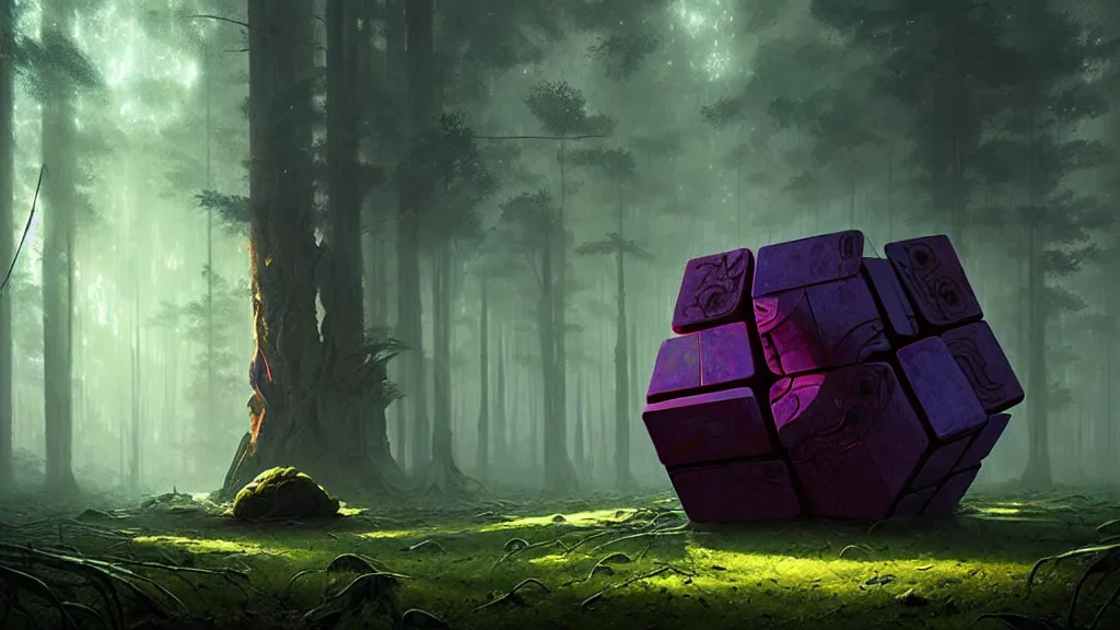 Image similar to a huge indeterminate color alien cube with a strange texture from nanotechnology, forgotten and lost in the forest, detailed digital art by greg rutkowski.