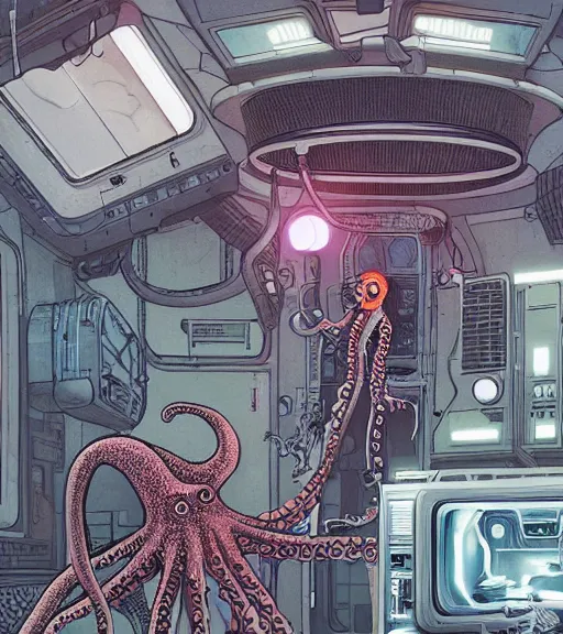 Image similar to a cybernetic realistic octopus in a space station, techwear, Industrial Scifi, detailed illustration, character portrait, by Martin Grip Banksy and Moebius