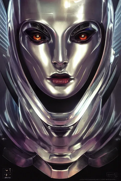 Image similar to retro-futuristic female android in chrome armour, facial portrait, rim light, ornate pattern, evil eyes, angry expression, painting by vincent di fate, artgerm julie bell beeple, Smooth gradients, High contrast, depth of field, very coherent symmetrical artwork