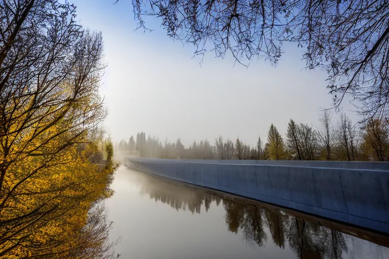 Image similar to low-angle photo aimed at the underside of Edmonton Walterdale bridge, light river mist, river reflection of summer trees and Edmonton Alberta hillside city towers, volumetric light, specular highlights on water, noon, dynamic raised shadows, high dynamic range, highlights reduced, sigma 24mm f8