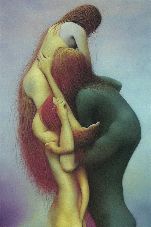 Prompt: realistic men kiss girl and hug and cuddle colourful shiny beautiful harmony painting by zdzisław beksinski