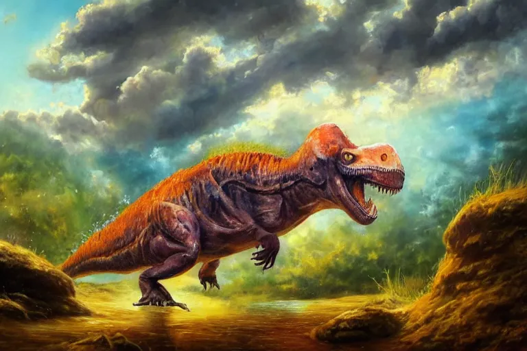 Prompt: highly detailed oil painting of a! tyrannosaurus ( ( mushroom ) ) in a steaming colorful hotspring, featured on artstation