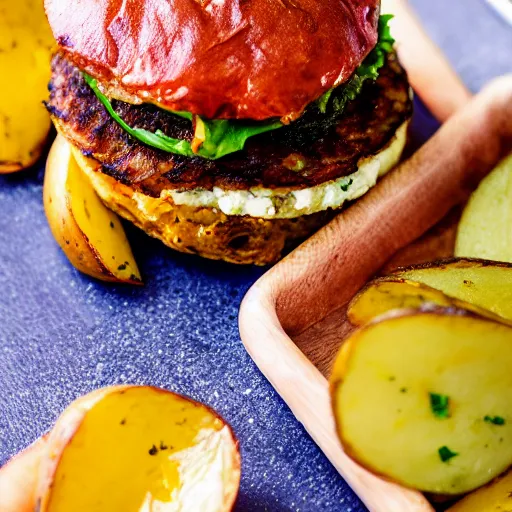 Image similar to potato burger, award winning photo, food photography, golden hour, holy