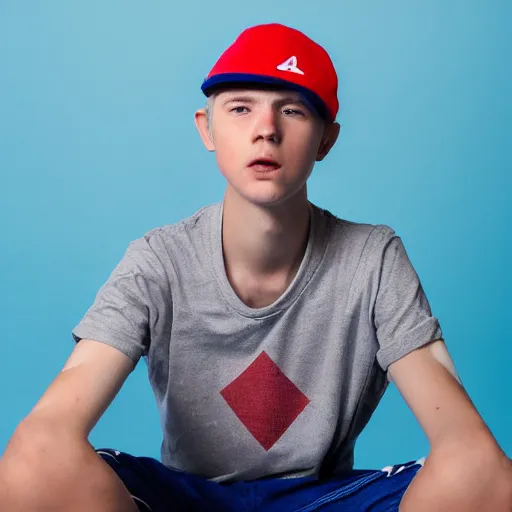 Image similar to a portrait of an american teenage boy with blue colored hair, wearing a red backwards cap, white t - shirt with a red no symbol on it, blue long pants and red shoes, holding a microphone, studio lighting, photoshoot, grey backdrop