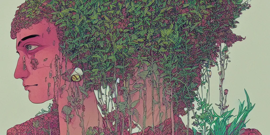 Image similar to risograph grainy drawing futuristic sci - fi antagonist face wearing earrings, photorealistic colors, face covered with plants and flowers, by moebius and satoshi kon and dirk dzimirsky close - up portrait, hyperrealistic