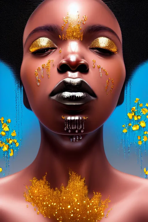 Prompt: hyperrealistic precisionist cinematic profile very expressive! black oshun goddess, in water! up to shoulders, mirror dripping droplet!, gold flowers, highly detailed face, digital art masterpiece, smooth eric zener cam de leon, dramatic pearlescent turquoise light on one side, low angle uhd 8 k, shallow depth of field