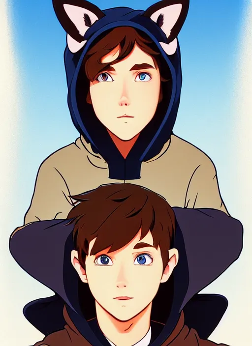 Image similar to teen boy with brown hair and big blue eyes, wearing a black hoodie with cat ears on top of it, natural lighting, path traced, highly detailed, high quality, cartoon, digital painting, by don bluth and ross tran and studio ghibli and alphonse mucha