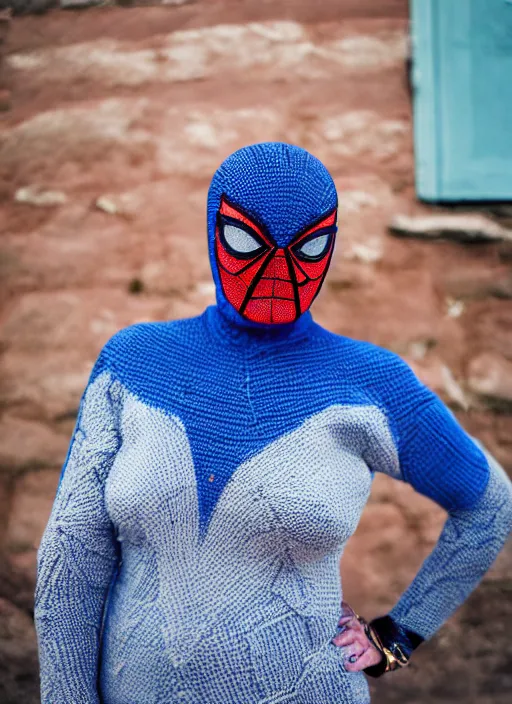 Image similar to stunning dslr photograph of ( ( ( ( granny spiderman ) ) ) ) in rural russia town, knitted suit, closeup, dynamic pose, closeup, aperture 1. 2