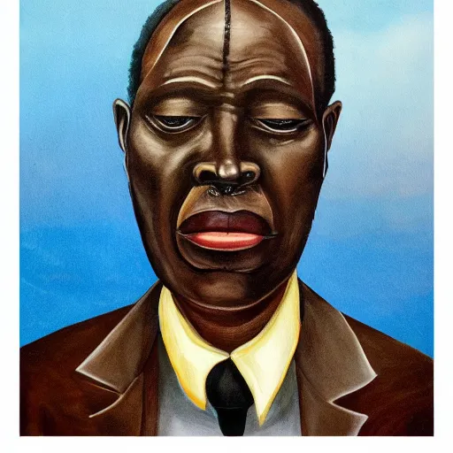 Image similar to a painting of a fatherly, aquiline nose wide forehead, round face, XXL , loving, caring, generous, ever-present, humble, wise elder from Kenya in a suit by Wangechi Mutu . Fatherly/daddy, focused, loving, leader, relaxed,. ethereal lights, details, smooth, sharp focus, illustration, realistic, cinematic, artstation, award winning, rgb , unreal engine, octane render, cinematic light, macro, depth of field, blur, red light and clouds from the back, highly detailed epic cinematic concept art CG render made in Maya, Blender and Photoshop, octane render, excellent composition, dynamic dramatic cinematic lighting, aesthetic, very inspirational, arthouse.