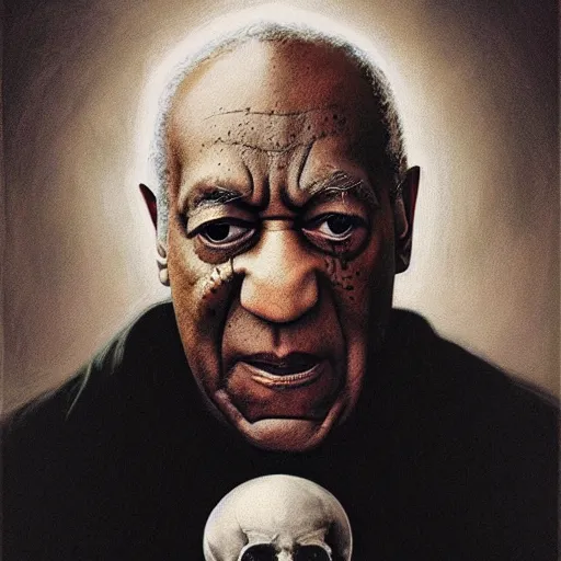 Image similar to hyperrealistic portrait of bill cosby as a vampire witch in a black coat holding a human skull as a crystal ball. by jeremy mann and alphonse mucha, fantasy art, photo realistic, dynamic lighting, artstation, poster, volumetric lighting, very detailed faces, 4 k, award winning