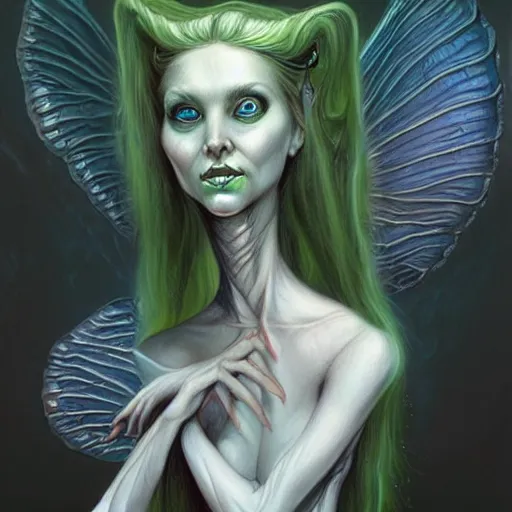Prompt: a beautiful fairy girl inspired by giger in the style of brom art