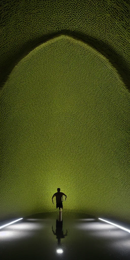 Image similar to a man swims laps in a dark green pool. photo inside underground geometric ribbed gothic vaults by andrew kudless. sunlight streams in from sky between arched ribs. architectural photography. 4 k, 8 k. volumetric lighting. dark, somber, moody lighting. structural arch vaults. ivy and many plants hanging from ceiling, weathered concrete.