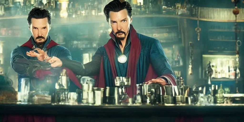 Prompt: film still of Singular Doctor Strange working as a bartender in the new Avengers movie, 4k