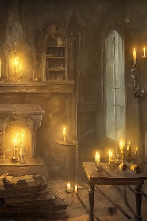 Prompt: a matte painting gothic counter parlor with bottles of potions and flickering candles by greg rutkowski