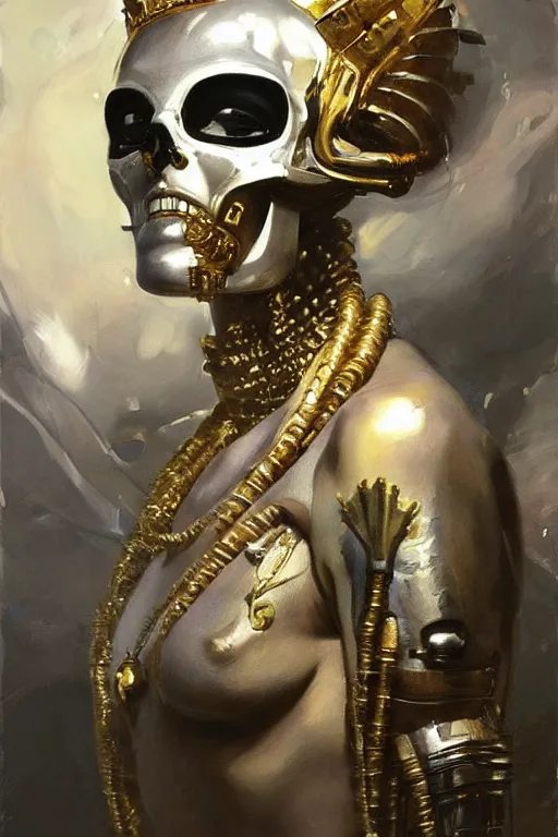 Image similar to beautiful expressive oil painting portrait of ancient god queen, silver exoskeleton, with a gold skull mask, cyberpunk, alien semiotic symbols, art by anders zorn, wonderful masterpiece by greg rutkowski, beautiful cinematic light, american romanticism by greg manchess, jessica rossier