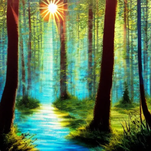 Image similar to forest, sun rays, with a river sparkling acryl painting 4 k