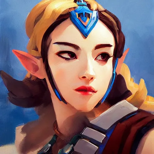 Image similar to greg manchess portrait painting of zelda as overwatch character, medium shot, asymmetrical, profile picture, organic painting, sunny day, matte painting, bold shapes, hard edges, street art, trending on artstation, by huang guangjian and gil elvgren and sachin teng