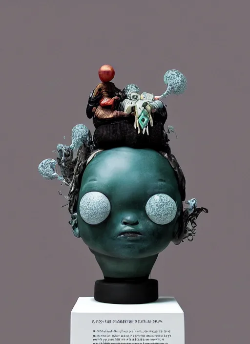 Image similar to a surreal contemporary ceramic sculpture of on a plinth, by victo ngai, by hikari shimoda, by tracie grimwood, in the style of nier automata, plain black background