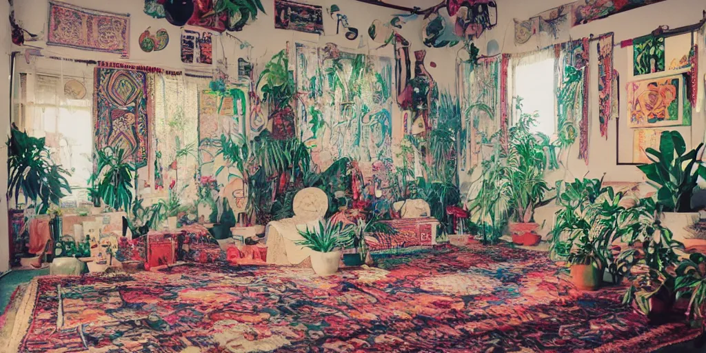 Prompt: photo of 1 9 6 9 living in an older house, hippie pad, hippie chic, antiques, tropical houseplants, beaded curtains, posters on the walls, persian rugs, artstation, 8 k