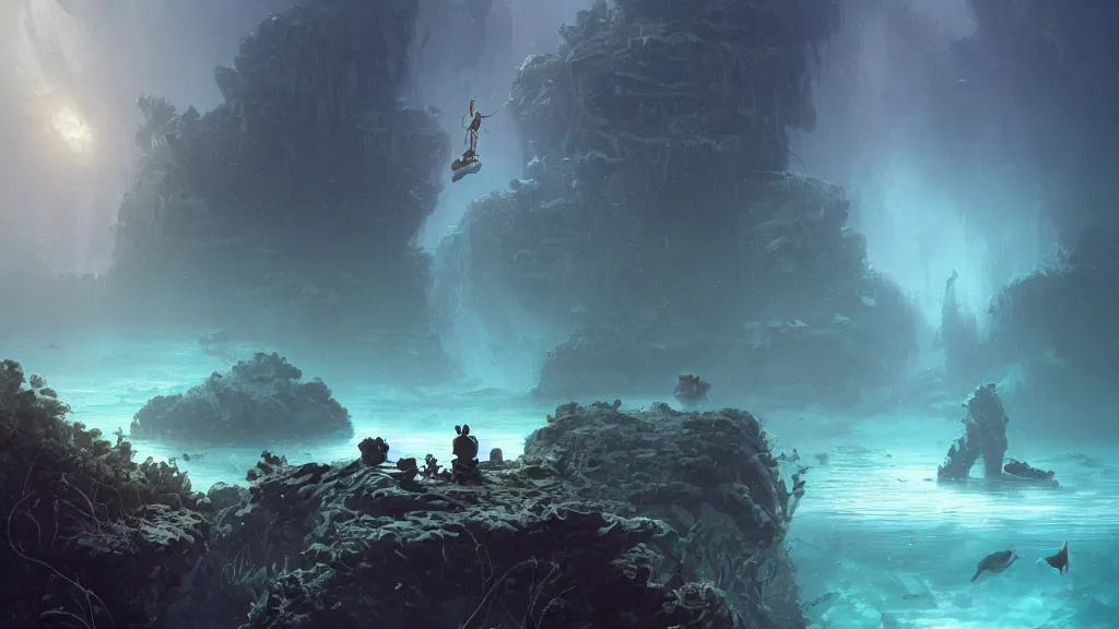 Image similar to A diver is under the sea, he has a treasure with him, he is swimming away from the giant Nessie that is behind hunting him, this is an extravagant planet with wacky wildlife and some mythical animals, the background is full of ancient ruins, the ambient is dark with a terrifying atmosphere, by Jordan Grimmer digital art, trending on Artstation,