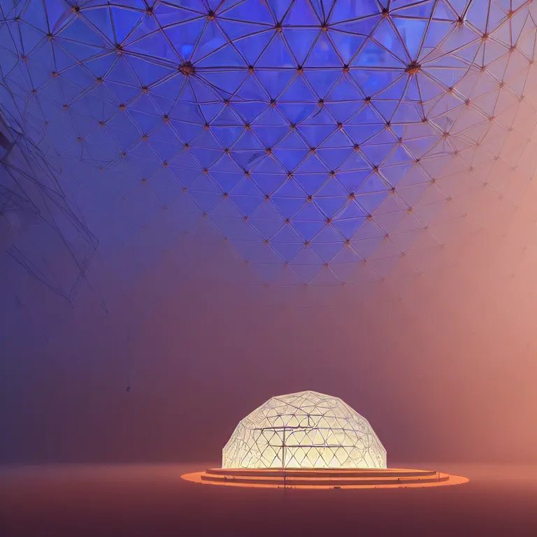 Image similar to an immaculate volumetric path tracing lighting render of a of beautiful iridescent large geodesic dome device at the center of a vast modern datacenter, fog, god rays, and nixie tubes by Zdzisław Beksiński and beeple, beautiful modern colors, ultradetailed, 4k ultra