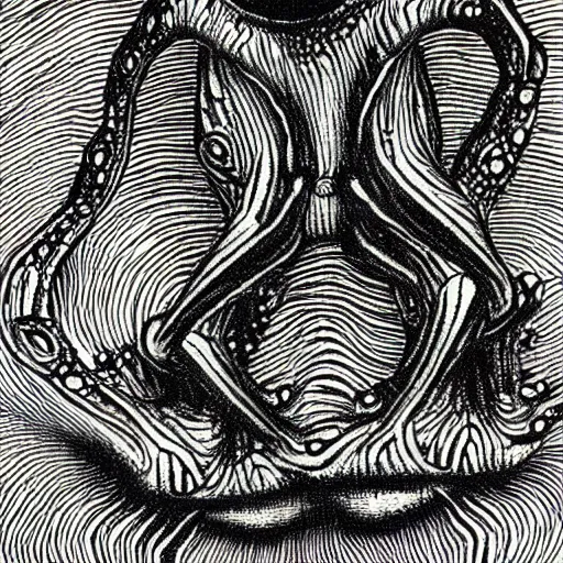 Prompt: closeup of an adorable, eldritch frog abomination of unimaginable horror by h. r. giger and junji ito, speculative evolution, op art with big bold patterns