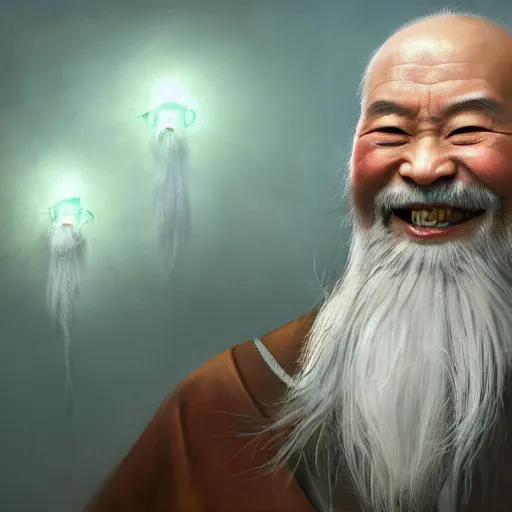 Image similar to portrait painting of a 6 0 year old kind smile handsome chinese taoist priest, like zun long, silver ponytail hair, amiable by wenjun lin, irakli nadar, bright colors, octopath traveler, wenjun lin, unreal engine 5 highly rendered, global illumination, radiant light, detailed and intricate environment