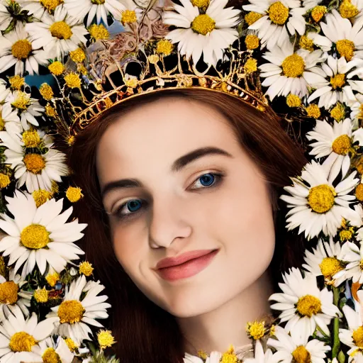 Image similar to close-up of a smiling beautiful female, blonde,, wearing a crown of daisies, beautiful happy face, ethereal, starry, space, magical atmosphere, maximalist, cinematic lighting, cinematic atmosphere, trending on artstation, cgsociety, 8k, high resolution, in the style of Faiza Maghni, David Ligare, Flora Borsi, Daniel Gerhartz, detailed intricate ink illustration, dark atmosphere, detailed illustration, hd, 4k, digital art, overdetailed art, concept art, by greg rutkowski, by loish, complementing colors, Trending on artstation, deviantart