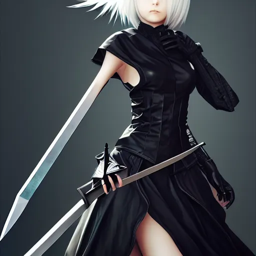 Prompt: yorha no. 2 type a holding a sword, painting, by justine florentino, fantasy art, photo realistic, dynamic lighting, artstation, poster, volumetric lighting, very detailed face, 8 k, award winning