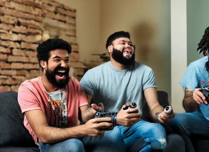 Image similar to Two buddies sitting in a room, smoking a huge blunt and playing playstation 5, they both laugh maniacally and smoking. wideshot. 4k.