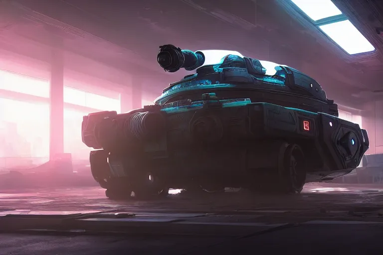 Image similar to cyberpunk alien concept inspired tank, futuristic look, highly detailed body, very powerful, photorealistic camera shot, bright studio setting, studio lighting, crisp quality and light reflections, unreal engine 5 quality render