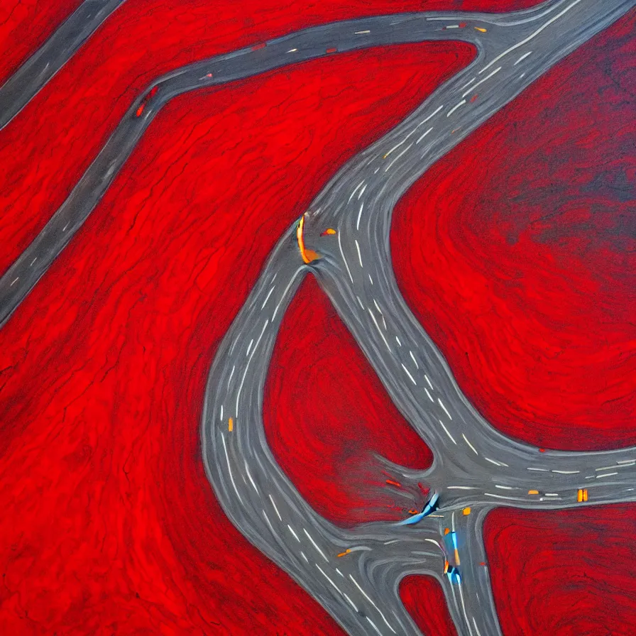 Image similar to painting of highway roads that are like blood arteries leading to the heart's core.