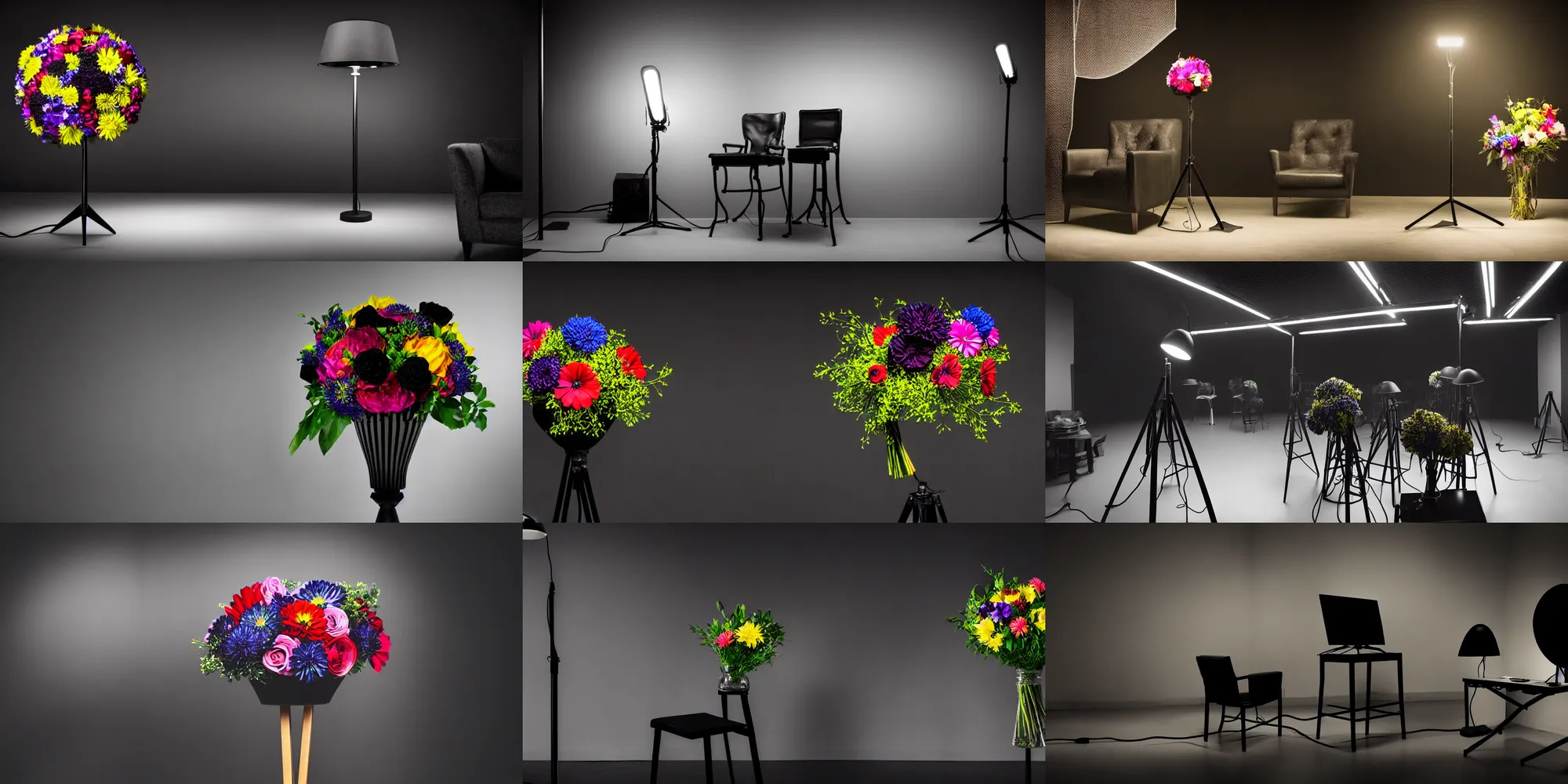 Prompt: detailed studio photograph, wide angle, dark background! pitch black! studio setting, darkness, high quality, elegance, tv production, pitch black background, single chair, standing lamp luxury, famous designer lamp, single chair, tall colorful flower bouquet oppulent