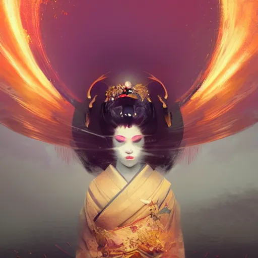 Prompt: beautiful geisha flying over a lake filed with molten gold, volume lighting, concept art, by greg rutkowski, dramatic, xray melting colors!!