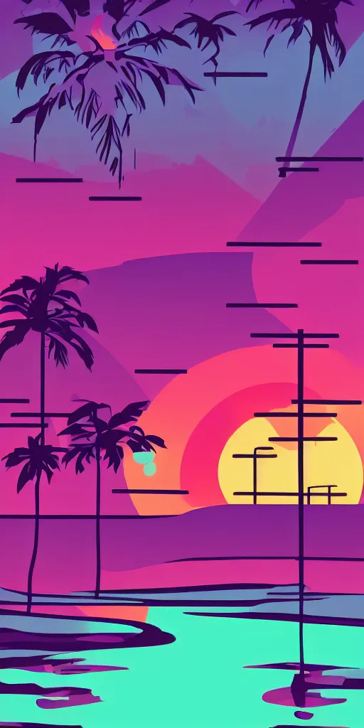 Image similar to a beautiful sunset, 2d minimalist vector art, high contrast neon cyberpunk palette, hd phone wallpaper