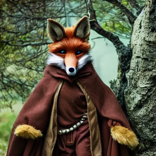 Image similar to photorealistic real life foxfolk wizard druid as a very fancy and also the most adorable thing to ever exist as a lovable furry muppet plush wearing a very fancy ornate elven cloak hand sewn by a professional elven seamstress and also a smoky cape, photography, national geographic, sesame street