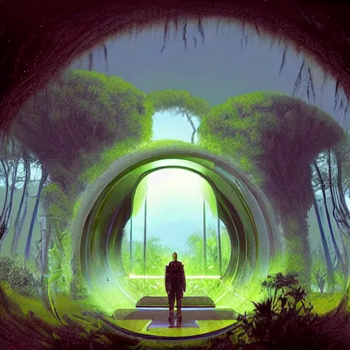 Image similar to portal in a middle of a lush futuristic forest, alien world seen through a portal, person in a cloak standing in front of a portal, syd mead, john harris