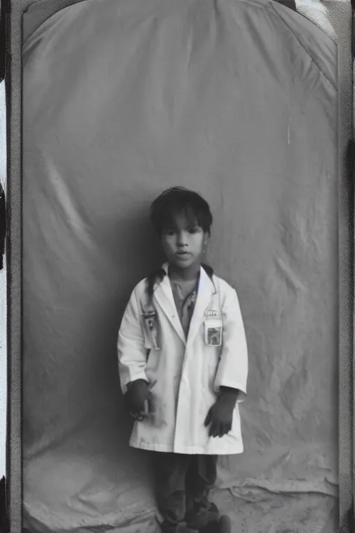 Image similar to photo polaroid of a sad and lonely child in a white coat stands in the middle many big tents of field hospitals, pandemic, covid,loneliness, black and white ,photorealistic, 35mm film,