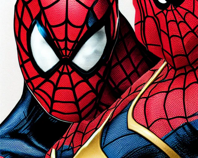 Image similar to photorealistic sketch of black spider - man with gold webbing