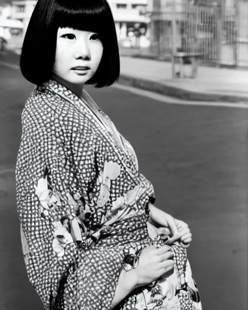 Prompt: photo of a trendy japanese woman with bangs in 1966, wearing a loose kimono, artistic, street scene, waist length