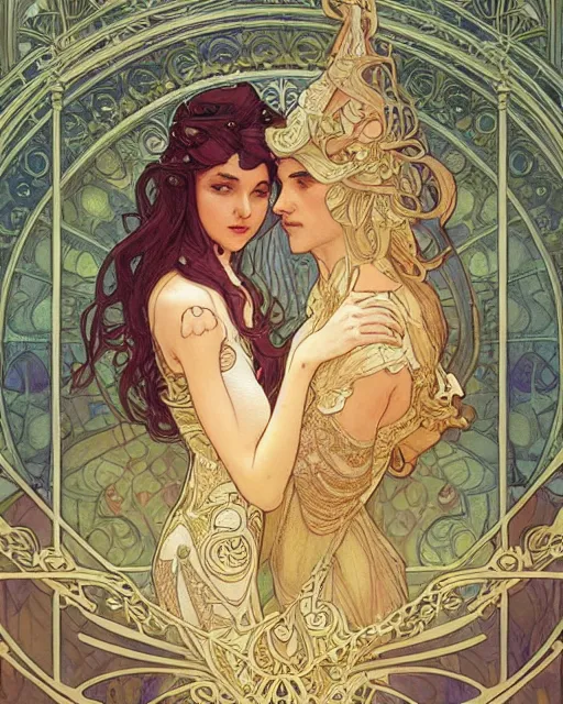 Prompt: a couple, highly detailed, very intricate, art nouveau, gold filigree, romantic storybook fantasy, soft cinematic lighting, award - winning, disney concept art watercolor illustration by mandy jurgens and alphonse mucha and alena aenami, pastel color palette, featured on artstation