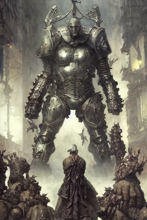 Prompt: scientists in a plaza observe a martyn ford as a huge bipedal brute wearing armour, painted by ruan jia, raymond swanland, lawrence alma tadema, zdzislaw beksinski, norman rockwell, jack kirby, tom lovell, alex malveda, greg staples