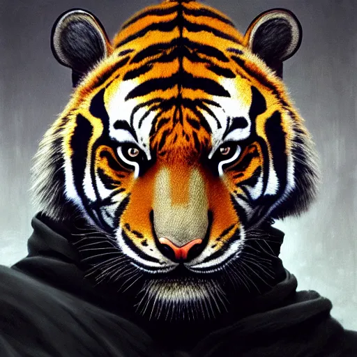 Prompt: a portrait of a tiger wearing a black hood, cloak covering face, anatomically correct, beautiful perfect face, enigmatic, oil painting, matte, black background, Volumetric dynamic lighting, Highly Detailed, Cinematic Lighting, Unreal Engine, 8k, HD, by Beksinski