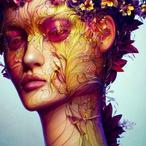 Image similar to the portrait of an absurdly beautiful, graceful, elegant young woman made of bananas and petals looking up, an ultrafine detailed illustration by kim jung gi, irakli nadar, intricate linework, bright colors, octopath traveler, final fantasy, angular, unreal engine 5 highly rendered, global illumination, radiant light, detailed and intricate environment