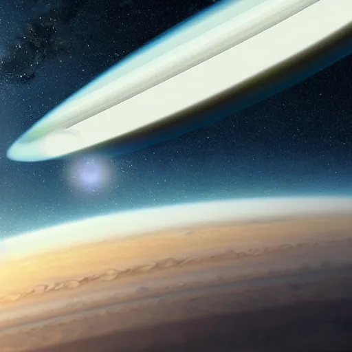 Prompt: a beautiful matte painting, sci - fi concept art of greebled alien space craft with two nacelles hovering over jupiter cloud deck in orbit, trending on artstation, featured on cgsociety