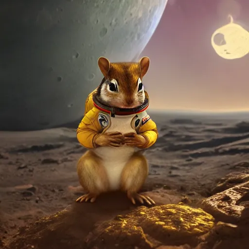 Prompt: an adorable chipmunk in a chimpunk astronaut suit on the moon, digital painting, detailed, trending on artstation, in the style of dominik mayer, thomas dubois, gaston bussiere, 8 k, octane render