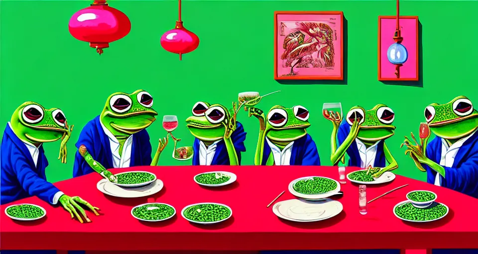 Prompt: hyper realistic detailed image of a criminal yakuza pepe the frog family in oriental clothes in an old italian restaurant feasting last supper eating alien brain salad and roasted flamingo dishes and drinking neon blue wine by Bel Fullana, Rhys Lee, Storm Thorgerson, and Beeple, neo expressionism, semi naive, rich deep colors, cinematic. Allison Schulnik painting, part by Adrian Ghenie and Gottfried Helnwein. art by Ron Mueck. masterpiece