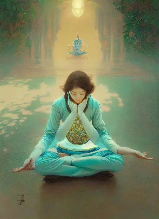 Prompt: girl meditating in lotus position, teal uniform, intricate, elegant, highly detailed, artstation, sharp focus, illustration, ruan jia, mandy jurgens, rutkowski, mucha