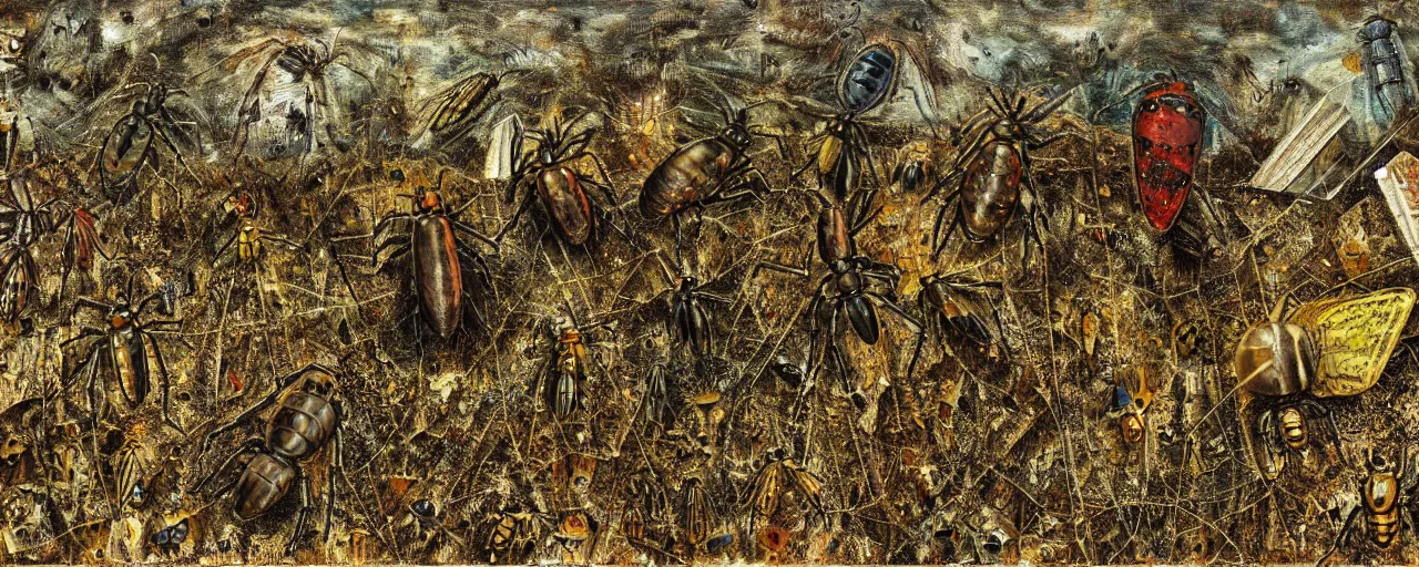 Image similar to strange giant insects, beetles, spiders and flies, swarming in a cornfield, oil painting by max ernst and anselm kiefer, decay, mixed media, textured, sharp focus, highly detailed, photographic emulsion cracked and peeling, rust, cinematic lighting, 8 k, hd